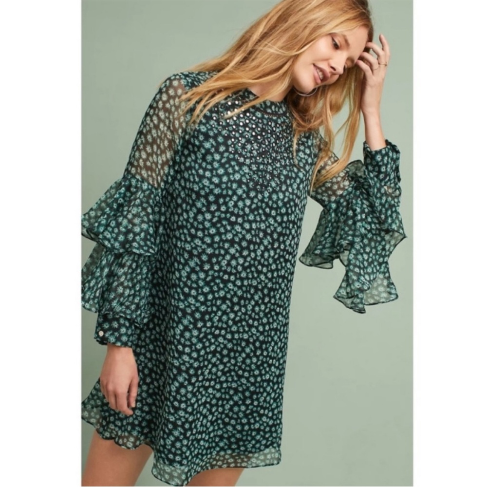 Anthropologie Ranna Gill Fluttered Tunic Mini Dress, Green Florals, Medium, Boho